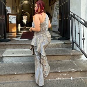 Elegant Wedding Guest Dress – RVSP Style Xscape Silver One-Shoulder